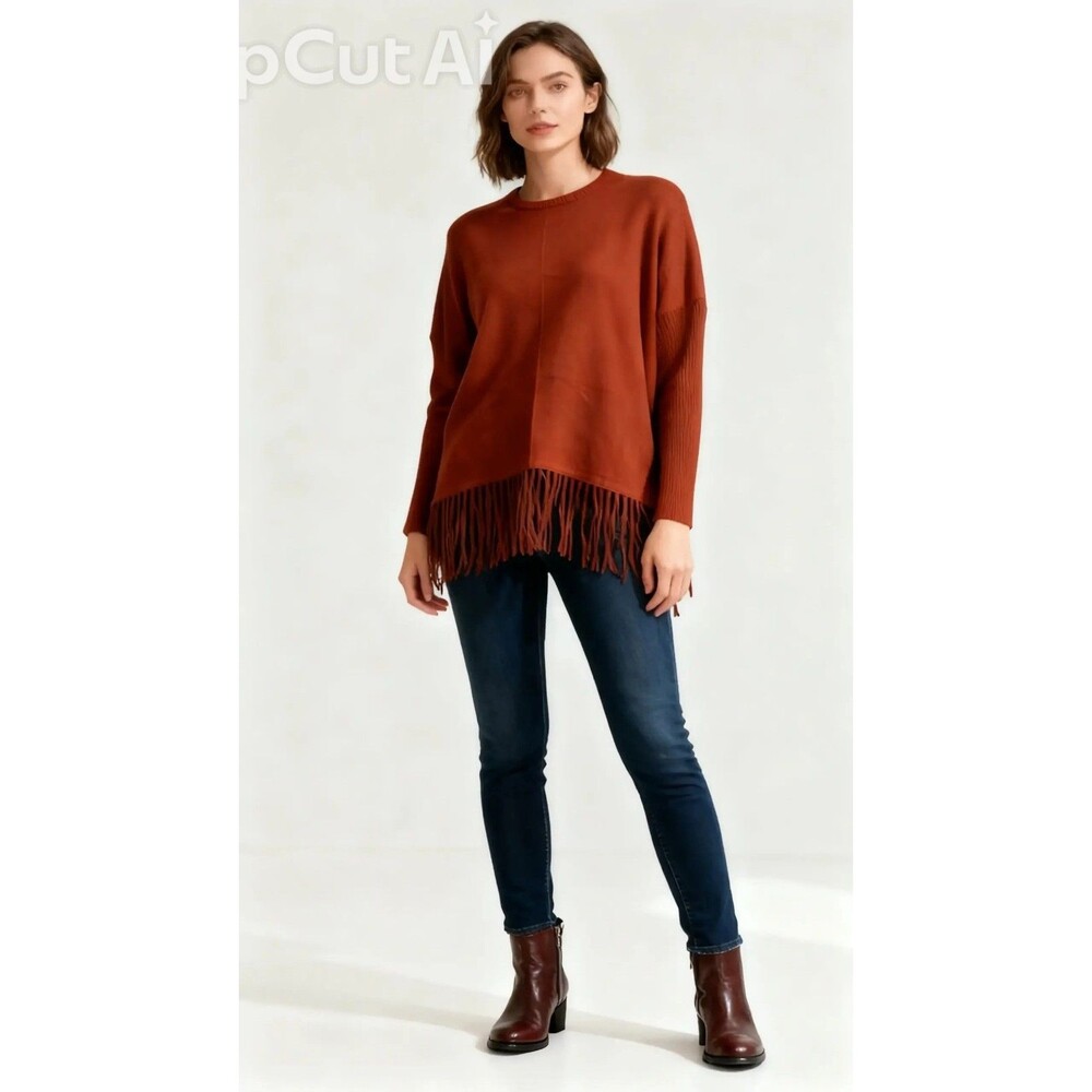 Cyrus Brown Solid Long Sleeve Crew Neck Knit Fringe Hem Pullover Sweater L